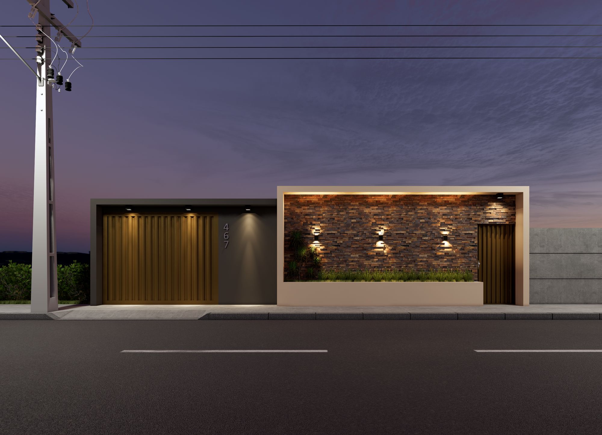 Projeto 3D de fachada residencial da JG Construtora, com ripado em madeira e parede em pedra, ao entardecer